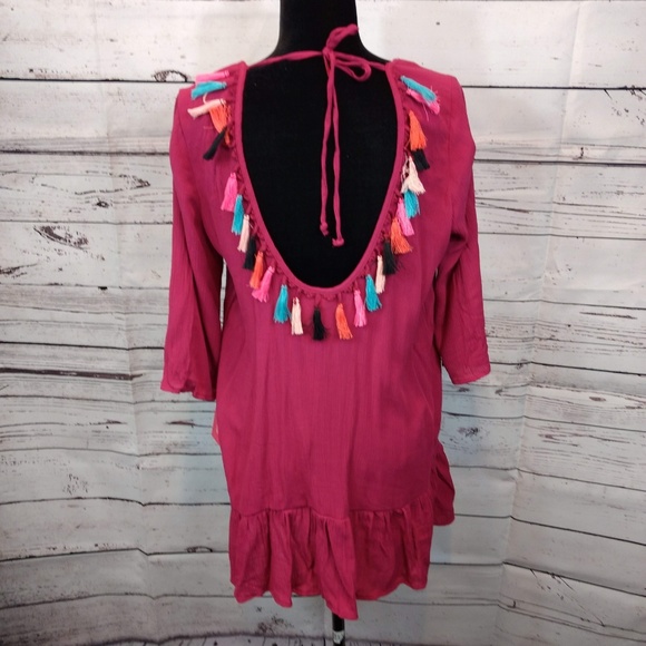 Women's Long Sleeve Tassel Back Cover Up Dress - Picture 3 of 4